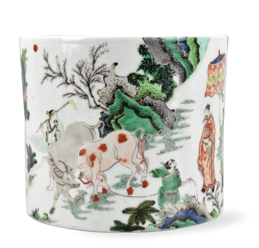 Chinese Famille Verte Brushpot w/ Figures (1 of 12)