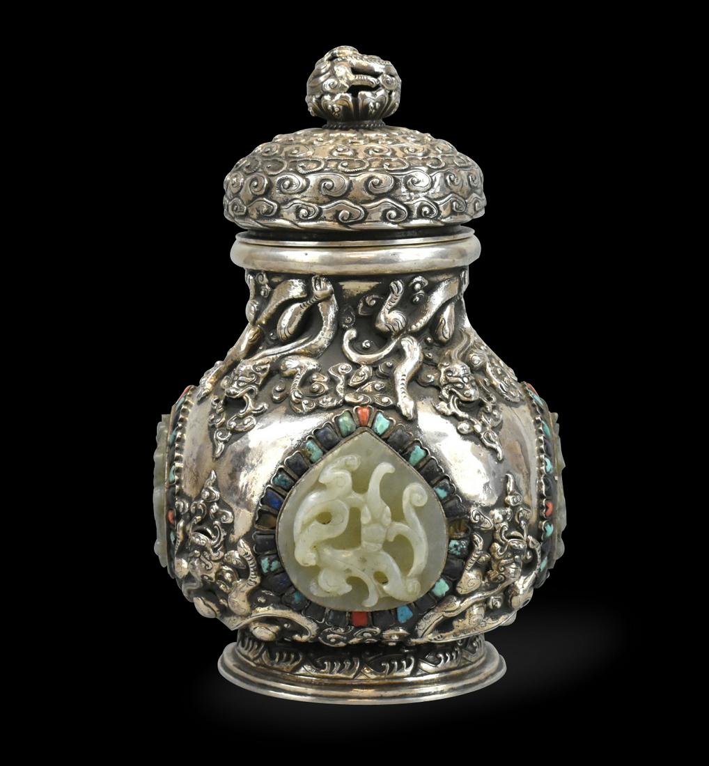 Chinese Silver Covered Vase w/ Ming Jade,19th C. (1 of 15)