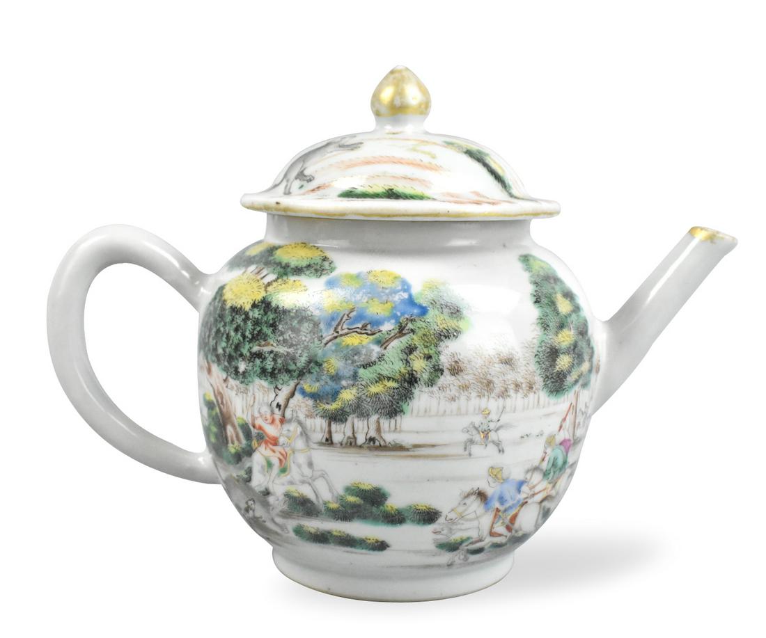 European Market Boar Hunting Scene Teapot,18th C. (1 of 16)