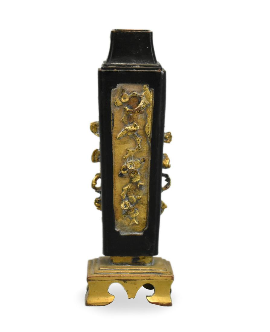Chinese Gilt Bronze Incense Burner Vase,18th C.: A Chinese gilt bronze incense burner vase, dating from the 18th century. Rising from a small square gilt pedestal with tiny feet, the small square vase rises outward to a high shoulder, then tapers to