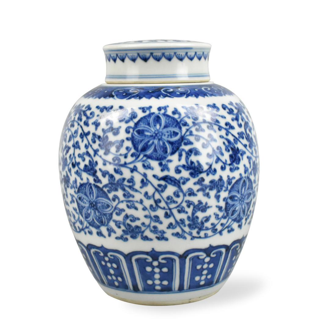 Chinese Blue & White Floral Covered Jar, 18th C. (1 of 13)