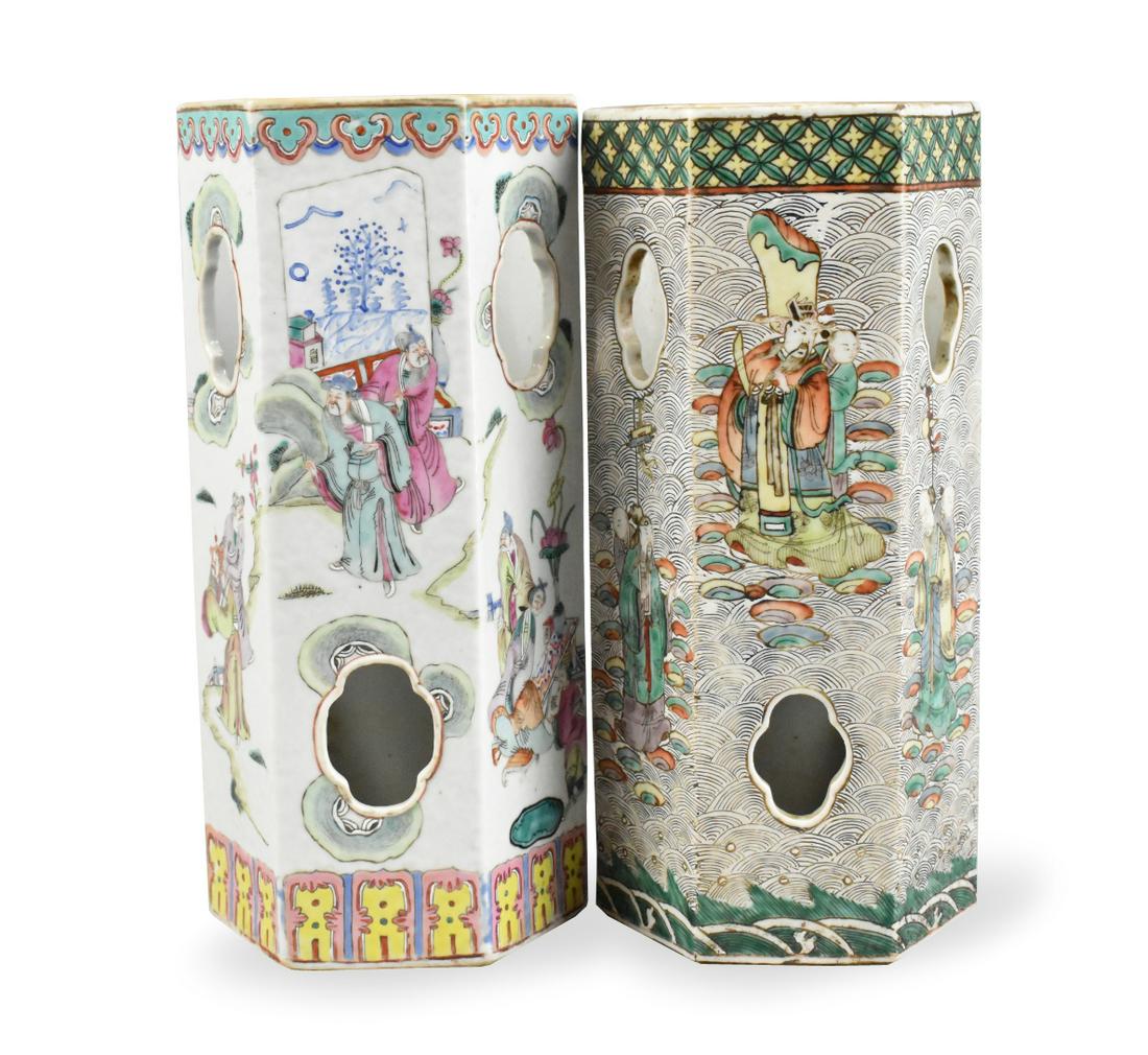 2 Chinese Famille Rose Hat Stand w/ Figure,19th C.: 2 Chinese hexagonal shaped hat vases with figures and cut out windows on each side. Each panel of each vase features a famille rose painting of 2 or more Chinese characters relating to each other. Dec