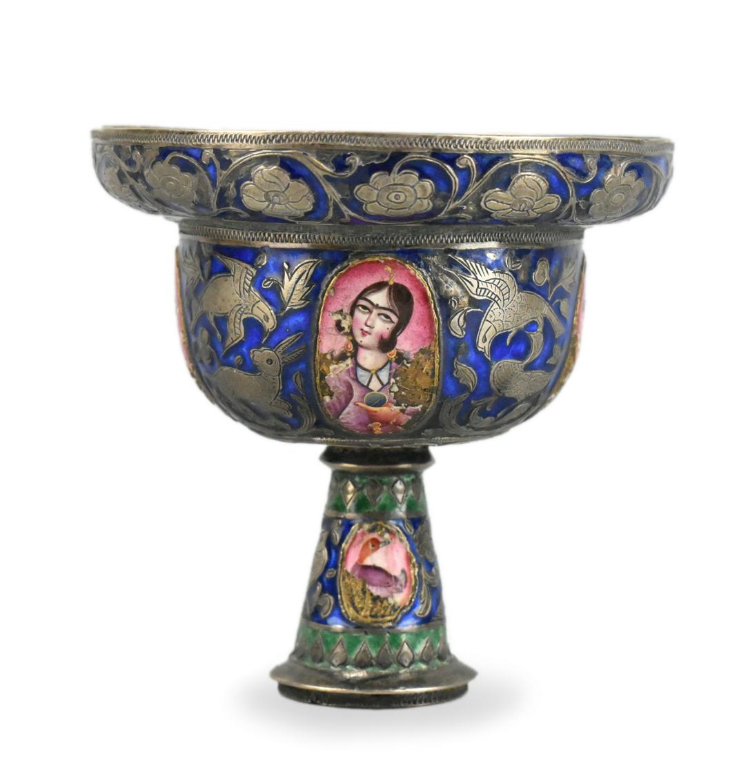Mughal Style Silver Enameled Stem Cup. 19th C. (1 of 15)