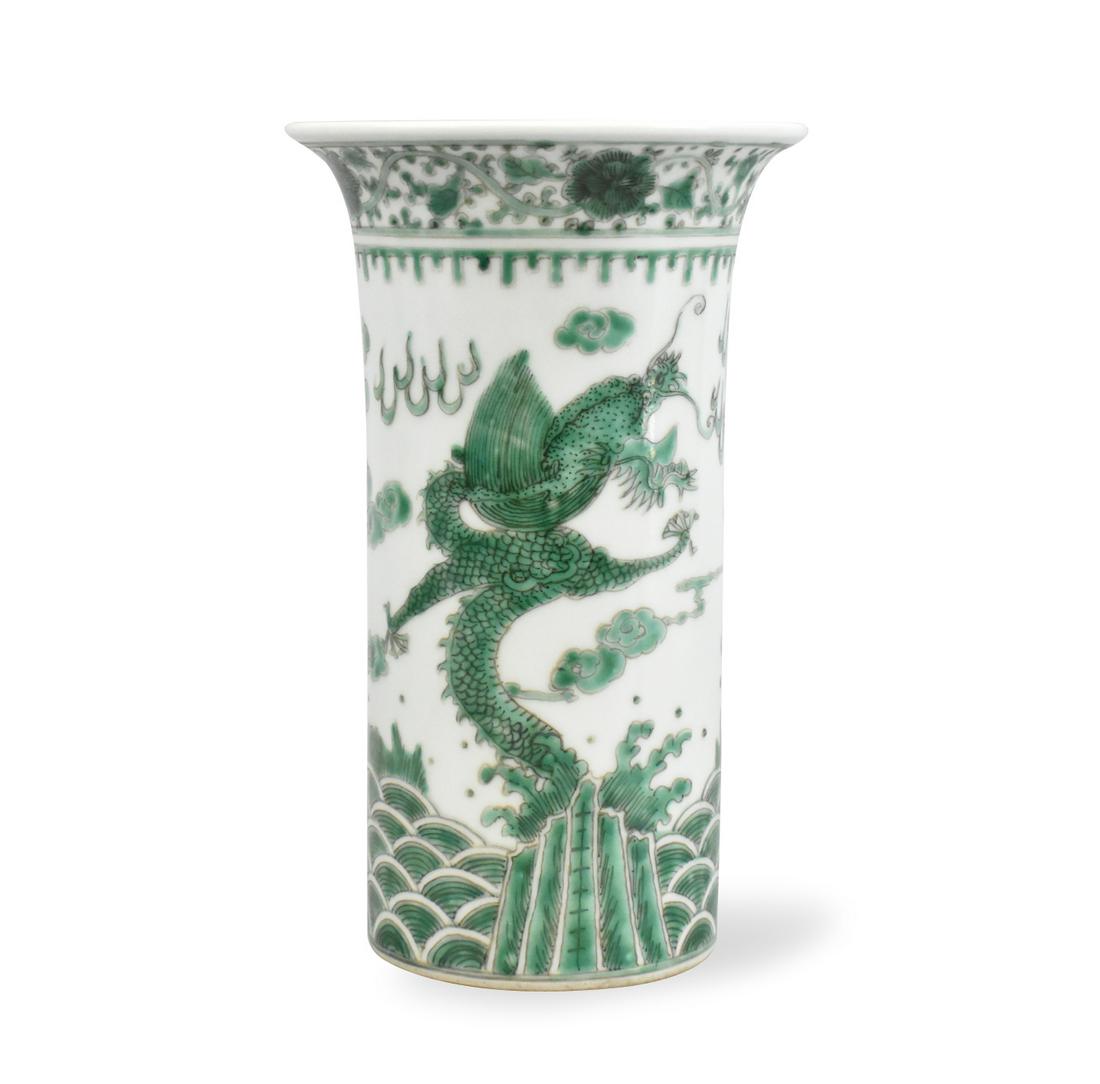 Chinese Green Glazed Dragon Gu Vase, 19th C.: Chinese ,19th C, a gu-form vase finely incised and green enamelled around the exterior with a scaly dragon in pursuit of a flaming pearl, the underside with double-ring mark in underglazed blue. H:8" 