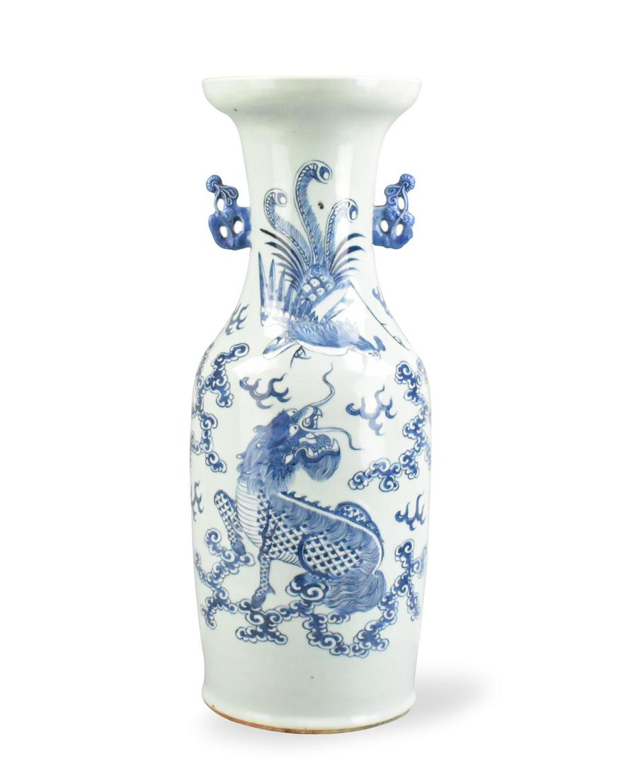 Chinese Celadon B & W Krin & Phoenix Vase ,19th C.: Chinese ,19th C, celadon glaze blue & white vase with handles, blue glaze over the celadon of Kirin & phoenix in auspicious cloud H: 23 5/8" (60.3 cm) Condition: in overall good condition with surface