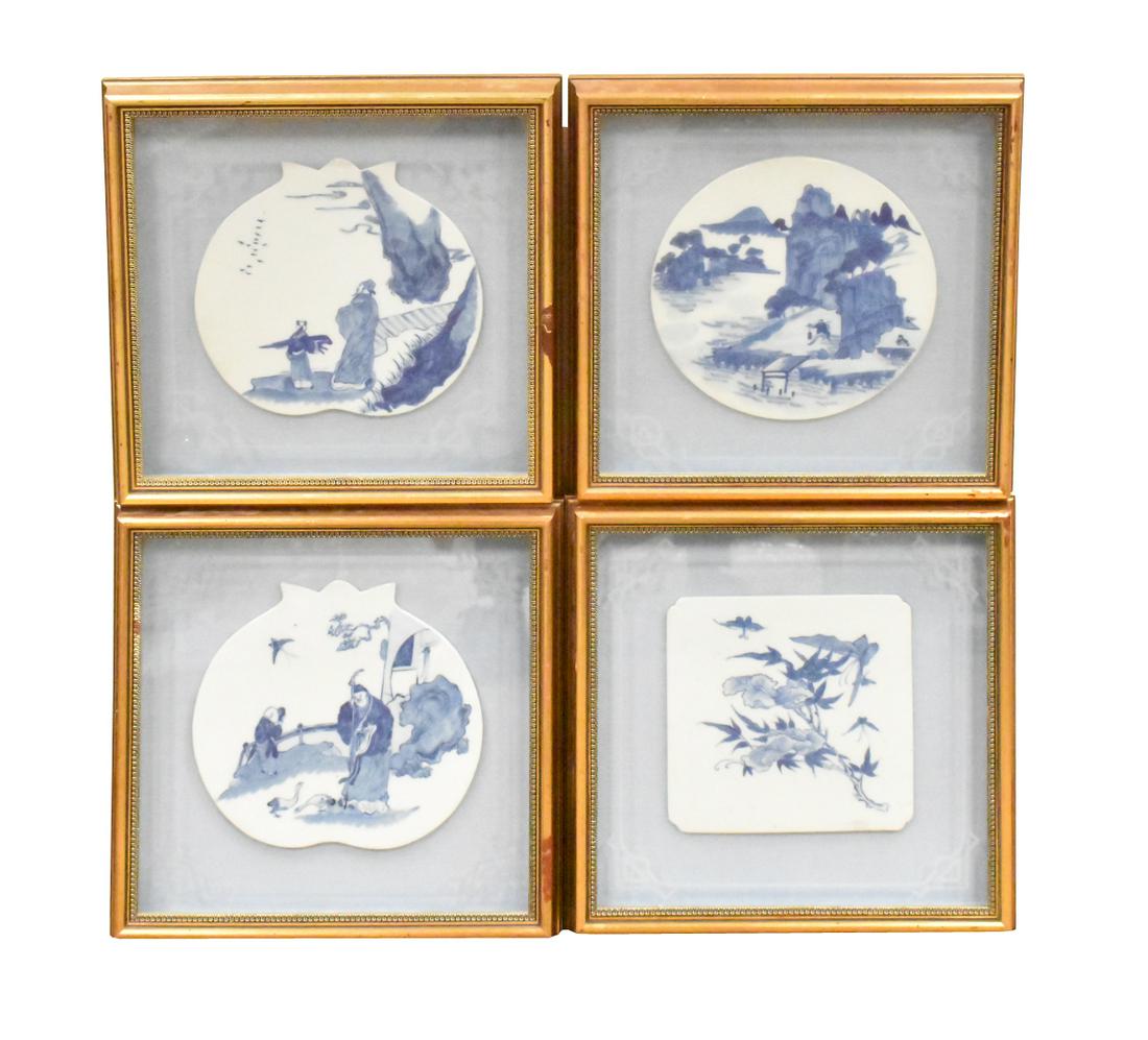 Set 4 Chinese Framed Blue & White Plaques, 19th C. (1 of 6)