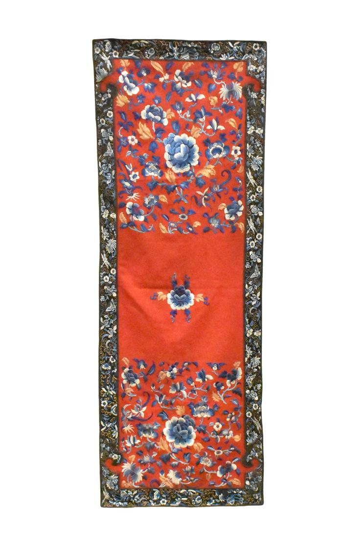 Chinese Embrodeiry Silk w/Gold Frits, Qing Dynasty: A horizontal Chinese embroidery silk with gold threads, dating from the Qing dynasty. Decorated areas of blue flowers in three sections, with a dense decorative blue silk frame surrounding the embroid