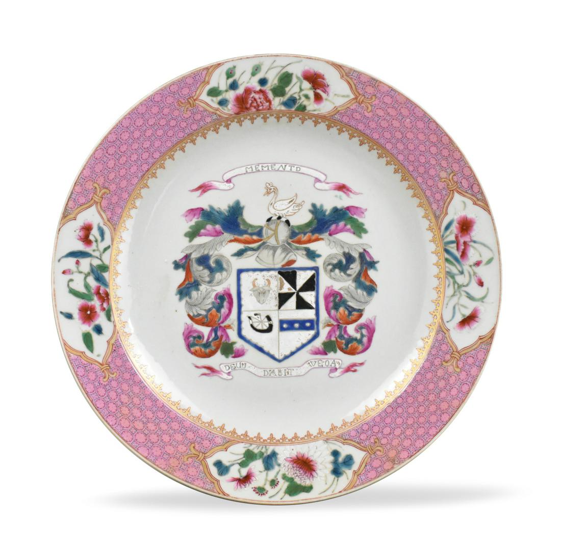 Chinese Famille Rose Armorial Charger: A Chinese famille rose armorial charger. This large porcelain famille rose armorial plate features a central design with the arms of Campblee, within banners containing the mottoes MEMENTO and "Deus D