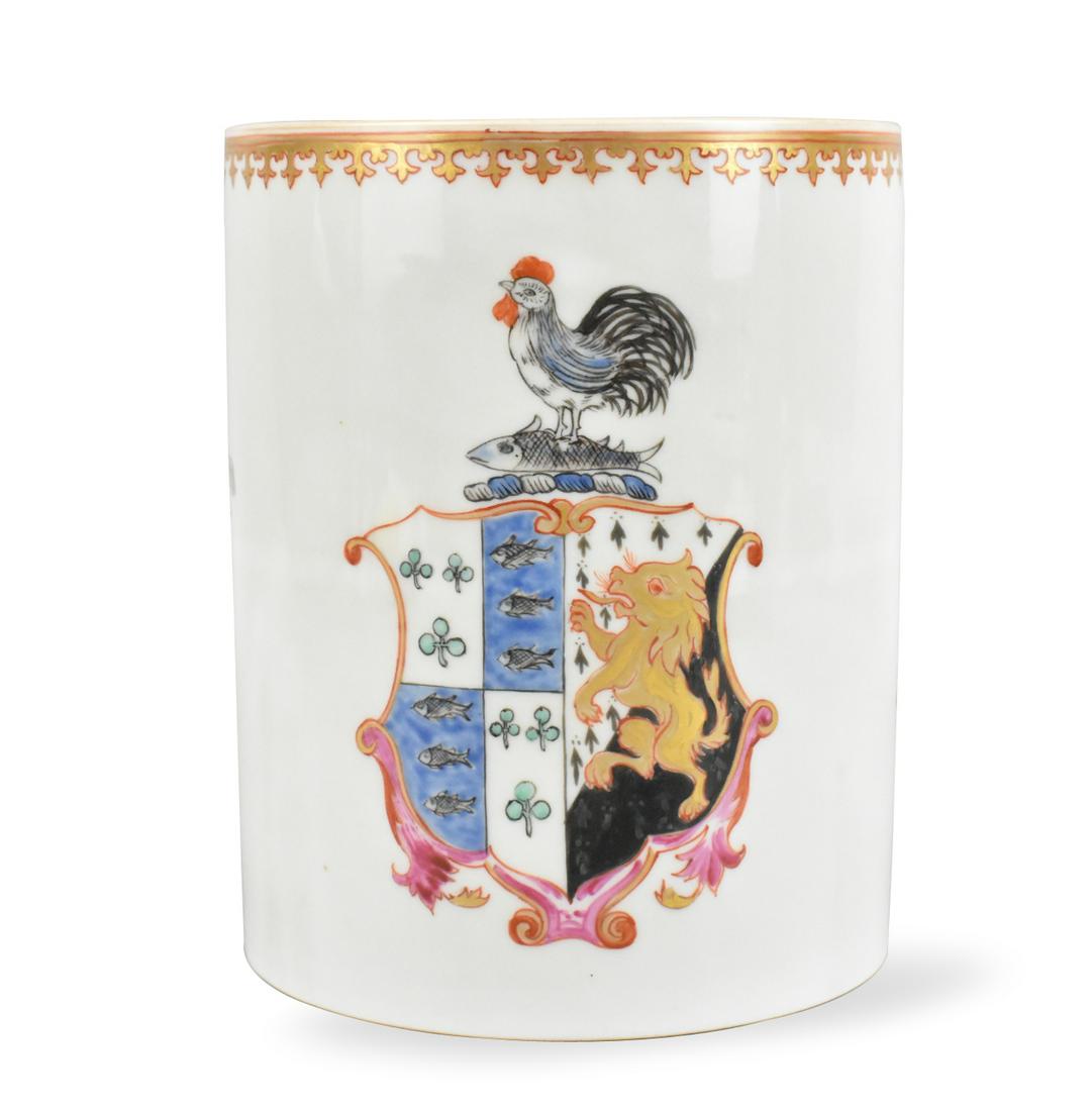 Chinese English Market Armorial Mug: A Chinese for English market armorial mug. A large porcelain mug with flat bottom and straight sides, with a large handle. Opposite the handle a detailed crest design with a rooster standing on a fish