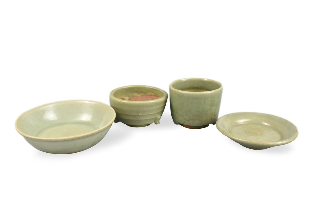 4 Chinese Longquan Celadon Dish & Censer, Ming D. (1 of 7)