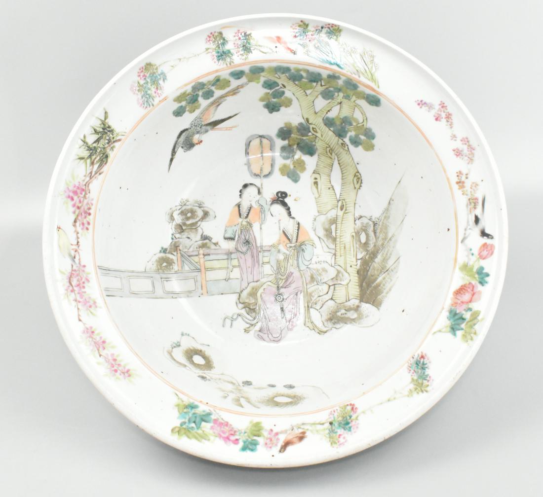 Chinese Qianjiang Glazed Basin w/ Ladies, 19th C,: Chinese ,19th C, large basin decorated with two ladies sitting under the tree with a phone ix bird to the upper left, ,border painted witbh floral pattern and birds on the branch D: 15 3/4" (40 cm) H: