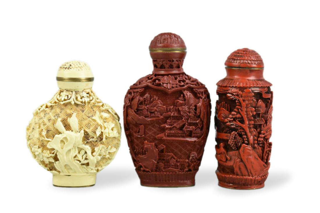 3 Chinese Carved Cinnabar Snuff Bottle, Qing D. (1 of 19)