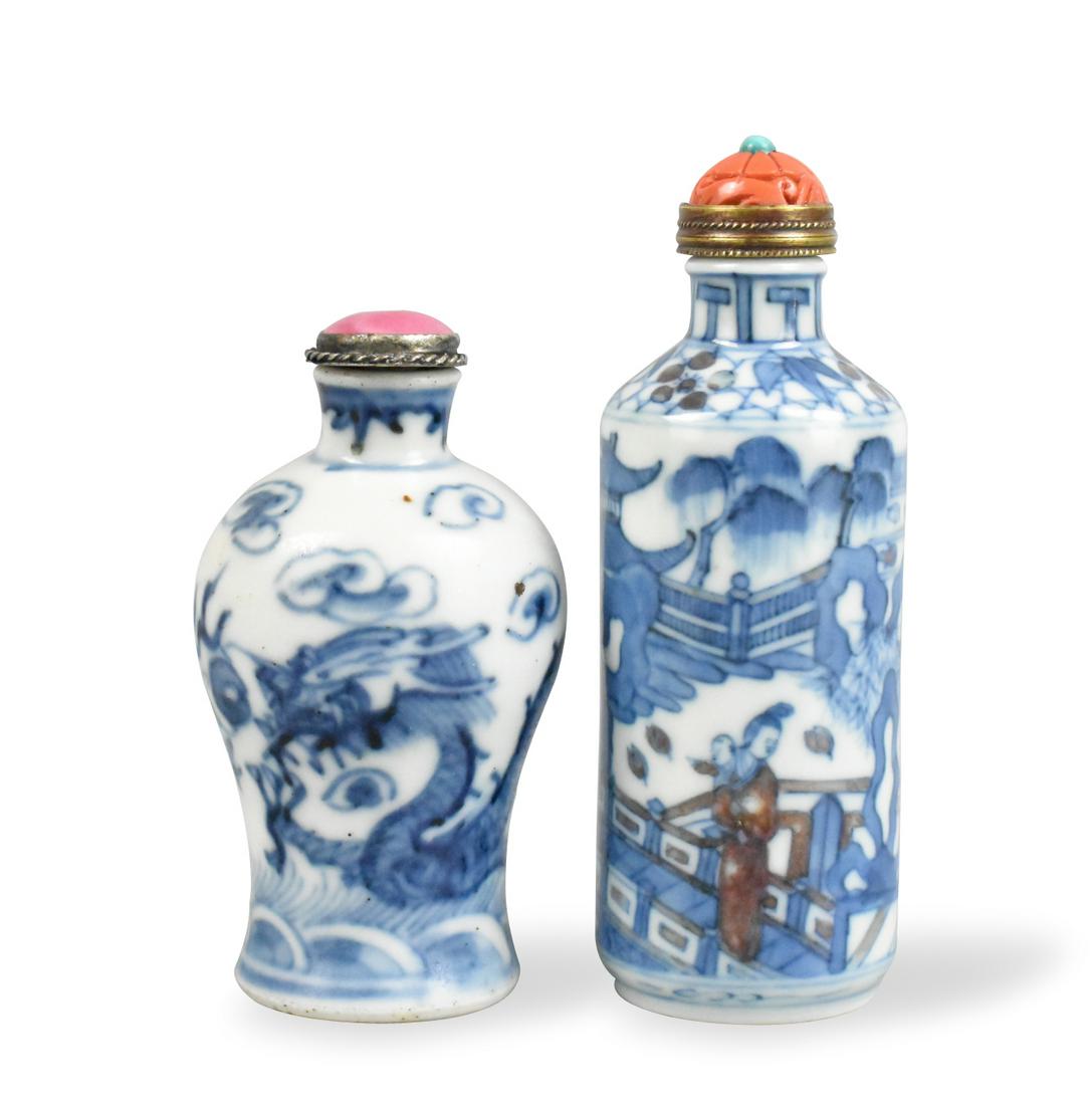 2 Chinese Blue & Copper Red Snuff Bottle ,19th C,: Two Chinese snuff bottles; blue & white, & copper red & white. The coper red bottle is taller and a rouleau style, with a design of a copper red figure on a bridge near another figure in a Chinese lan