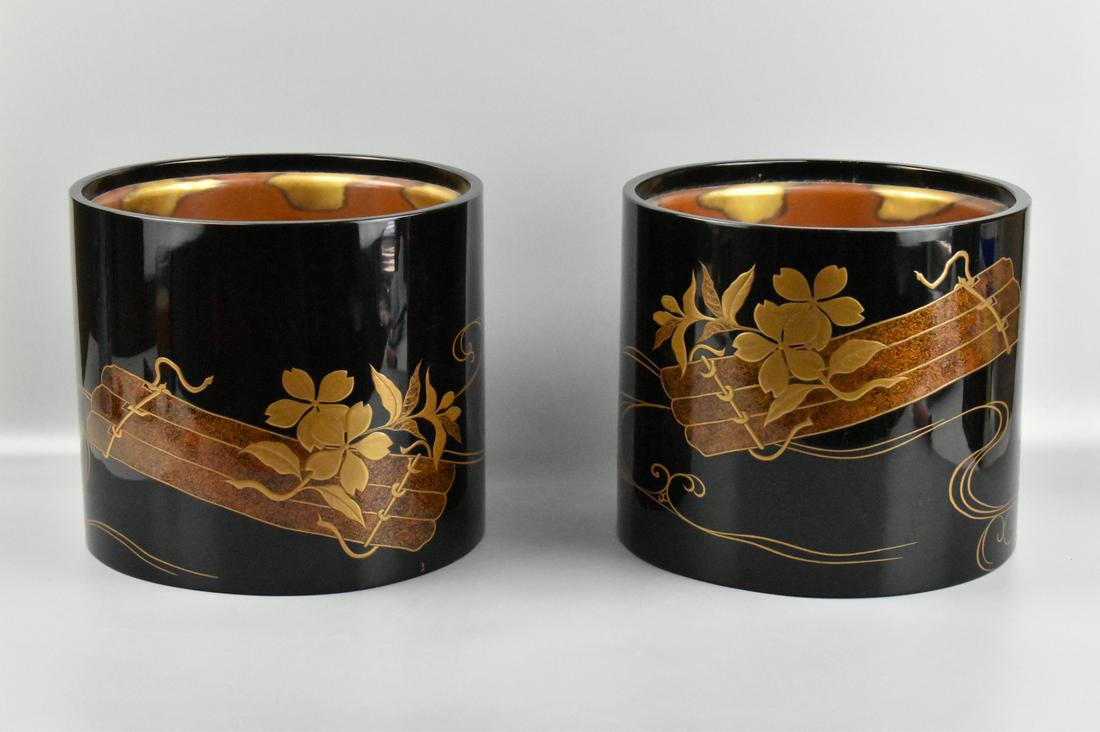 Pair Japanese Lacquer Hibachi w/ Gilt Copper liner (1 of 13)