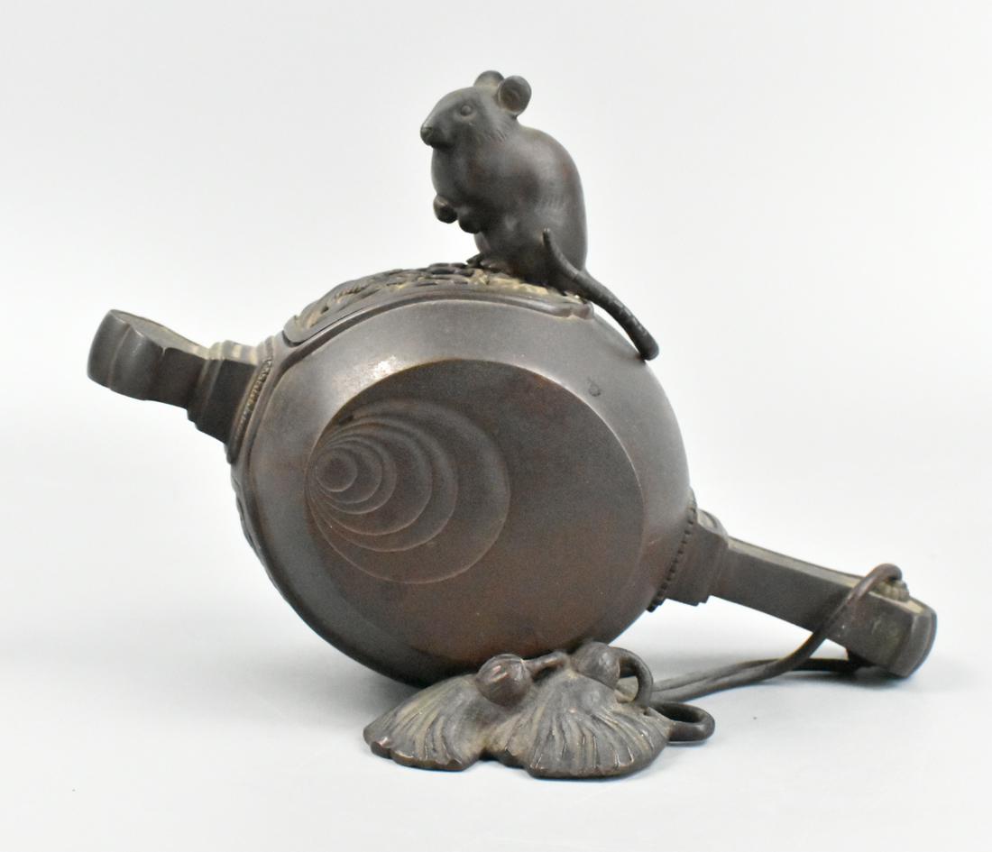 Japanese Bronze Censer w/ Rat On Drum, Meiji P.: Japanese ,Meiji Period,bronze censer with a Ruyi shaped handle,deocrated with floral motifs and scrolls with cloud swirl ,a molded rat standing on top of the drum shaped censer with open work undernea