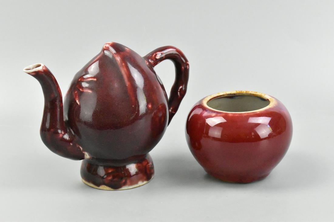 2 Chinese Oxblood Peach Shaped Teapot & Watercoupe (1 of 12)