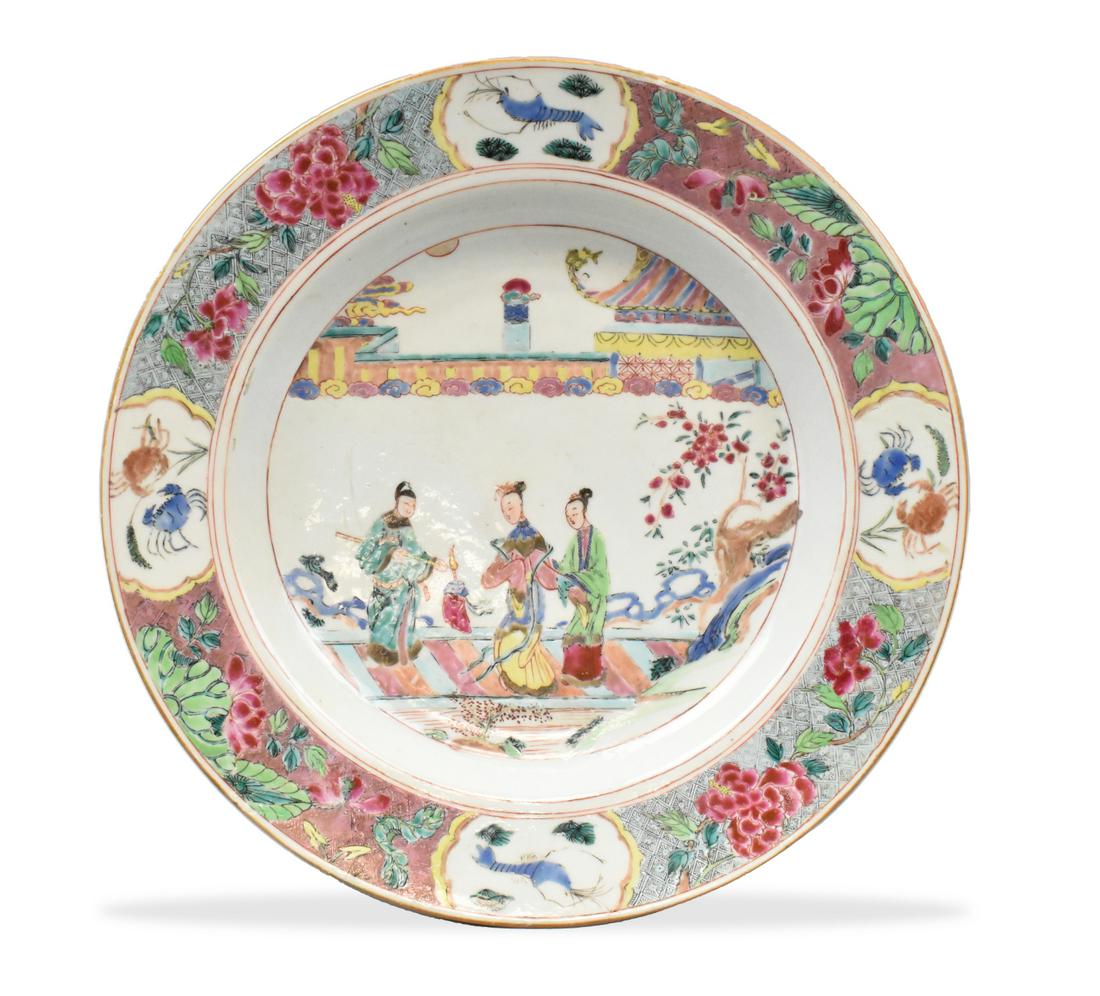 Chinese Famille Rose Charger w/ Figure,Yongzheng P: A Chinese famille rose charger with figures, dating from the Yongzheng period (1722-1735). A courtly scene with three beauties in their robes surrounded by foliage and Chinese architecture. The border