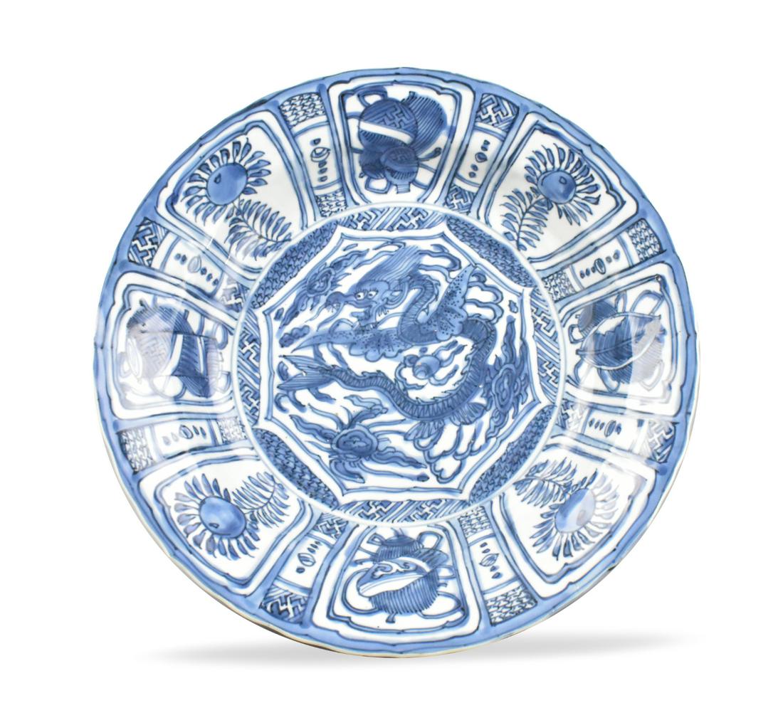 Chinese Kraak Blue & White Plate w/ Dragon, Ming D (1 of 8)