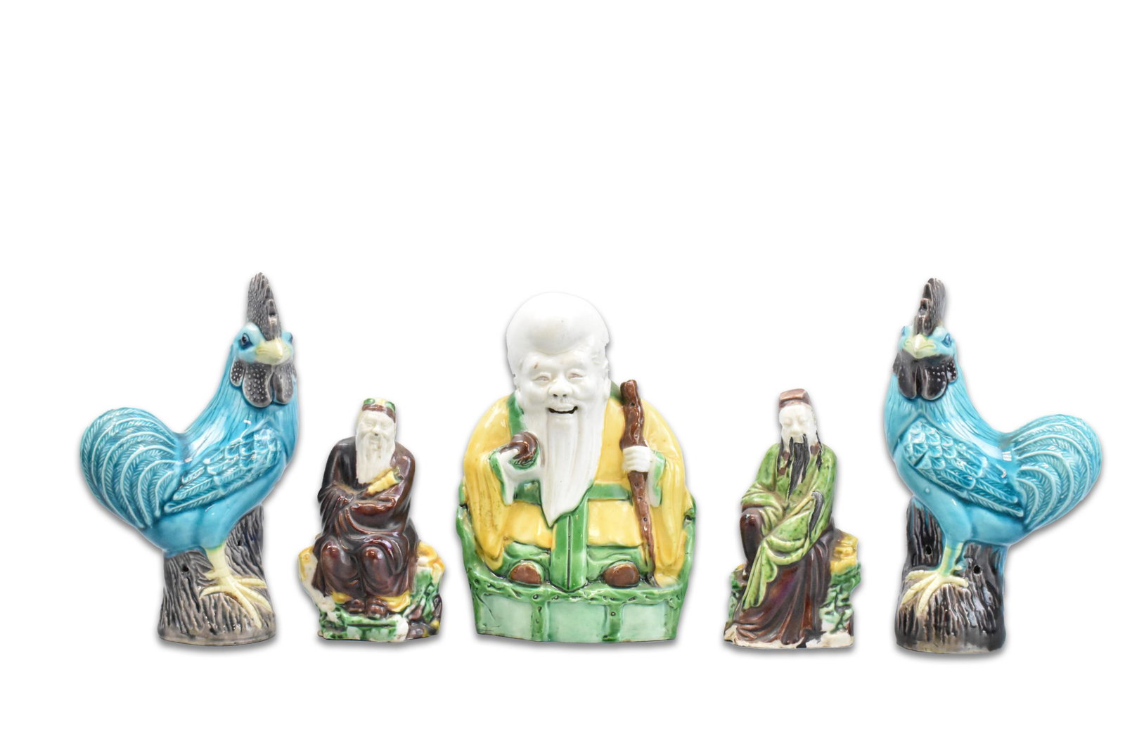 Group of 5 Sancai Glazed Porcelain Figure, RCO P.: A group of five sancai glazed articles dated from the Republic period: Two roosters, a smiling Shou, and two bearded scholars. A smiling Shou figure with long beard and elongated forehead, in a yellow