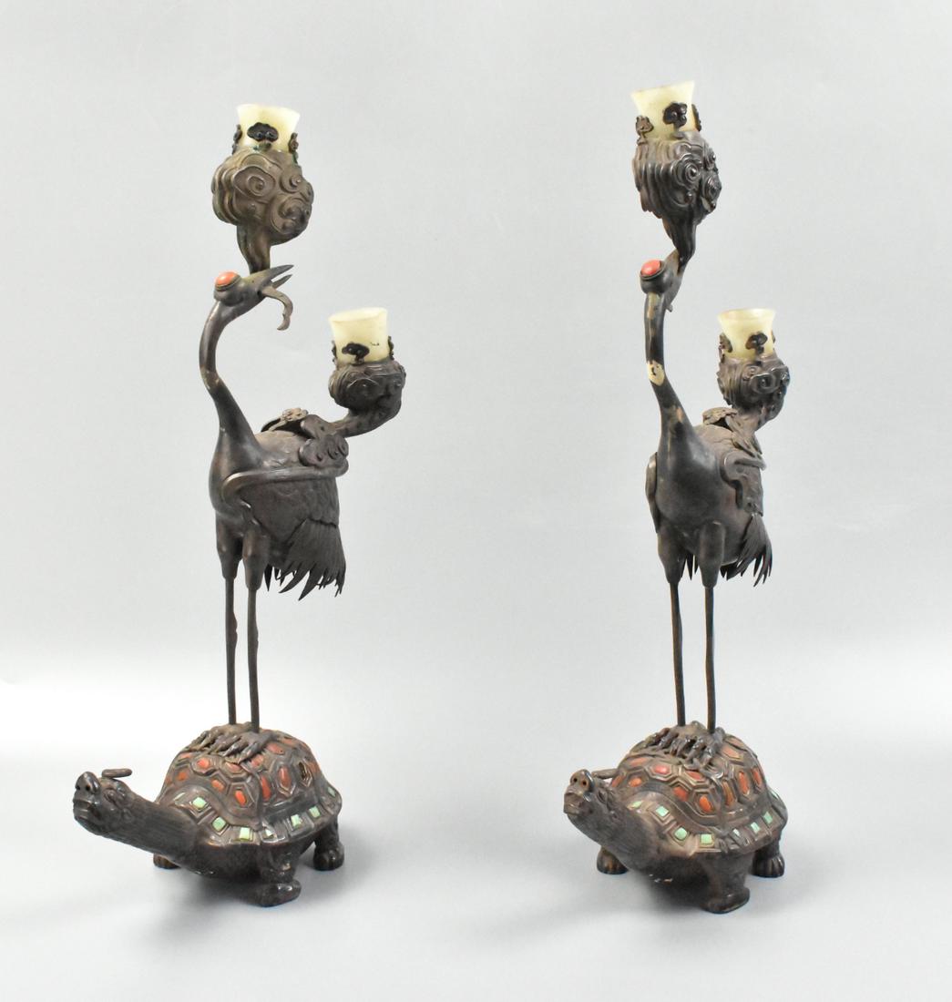 Pair Mongolia Silver Crane Candle Holder w/ Jade (1 of 12)