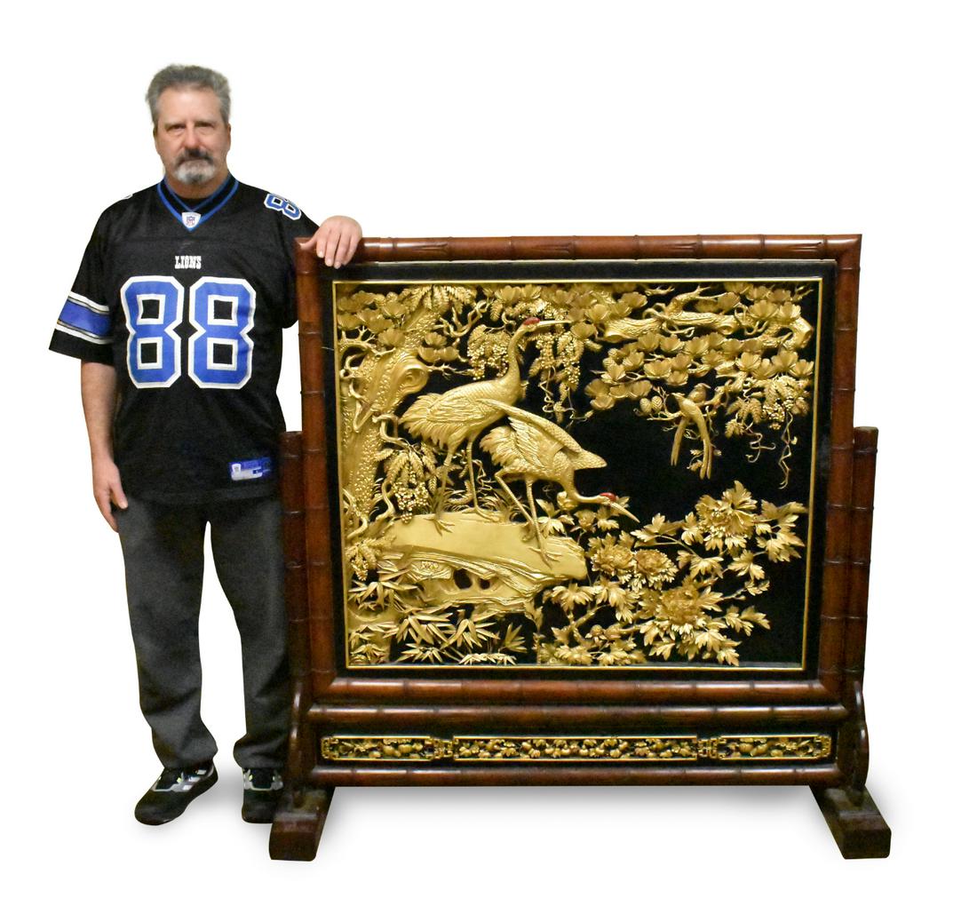 Massive Chinese Gilt Lacquer Carved Screen w/Crane (1 of 20)