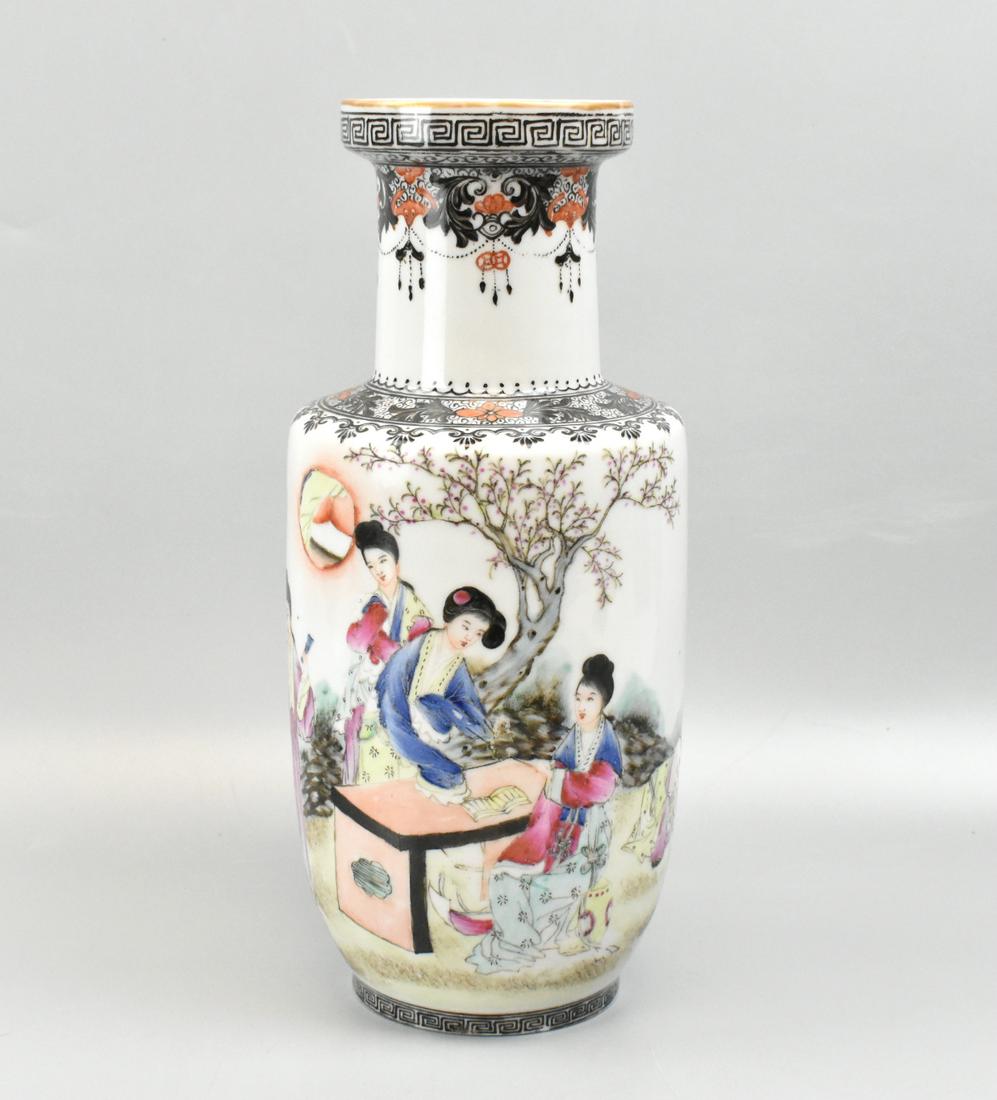Chinese Famille Rose Rouleau Vase ,ROC Period: A Chinese famille rose rouleau vase, dating from the Republic period. Body features a painterly scene with four beauties in nature surrounded by three young boys, all in colorful robes. Opposite side 