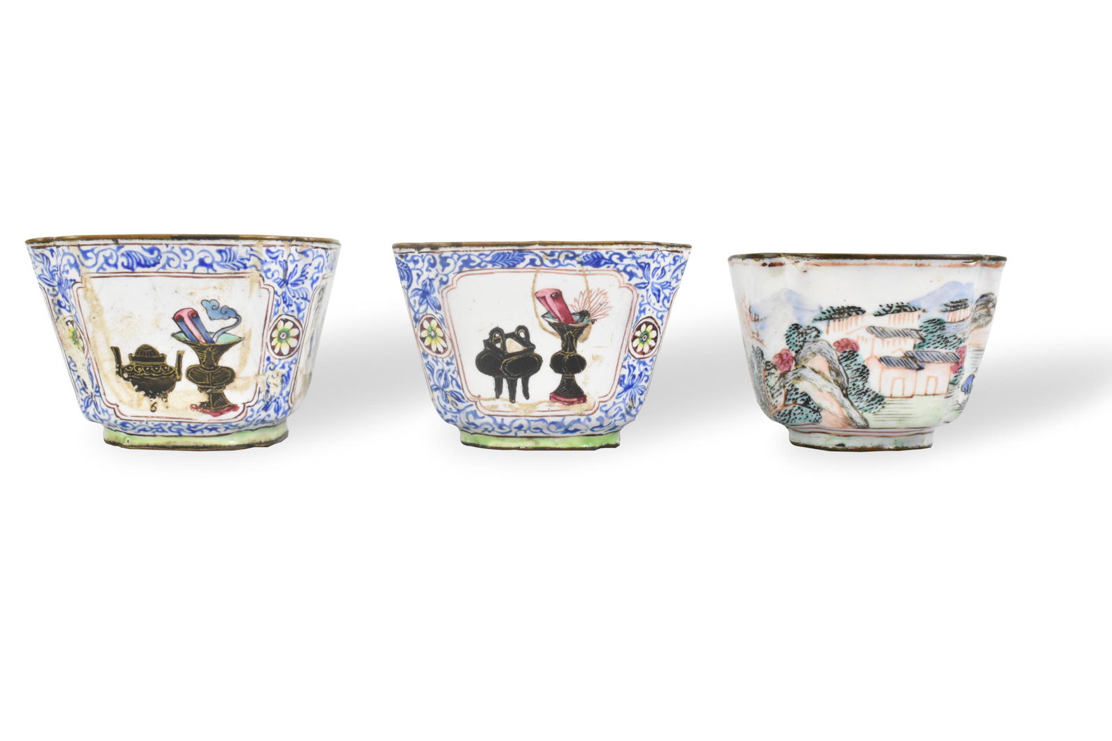 Group of 3 Canton Enameld Cups, 18th C.: A group of three canton enameled cups. dated to 18th C,Two cups are same size, one slightly smaller. All are square form with rounded corner, two larger having design of Chinese antiques and table art