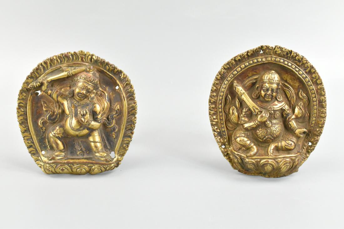 Pair Chinese Gilt Bronze Plaque w/ Guardian,Qing D (1 of 6)