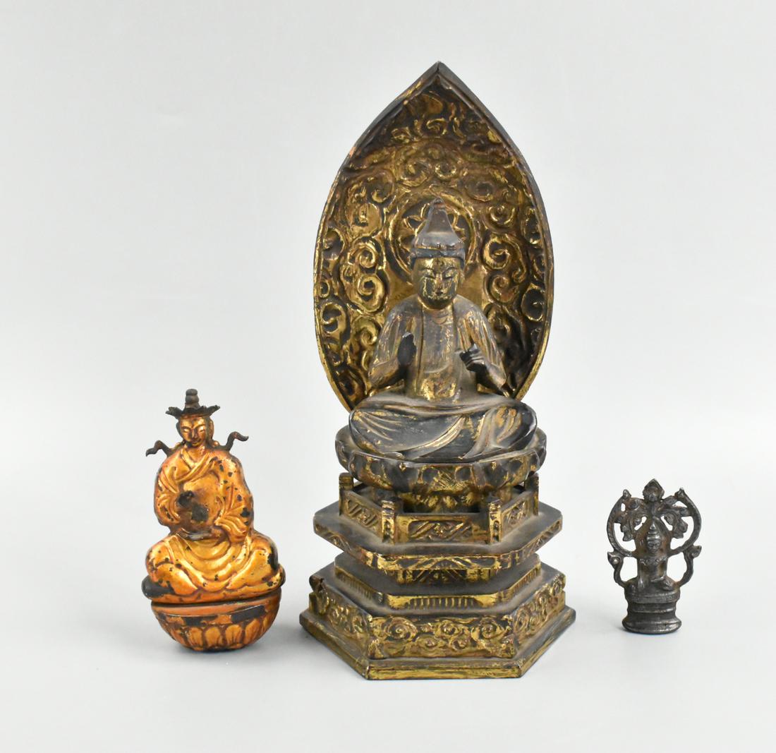 Group of 3 Lacquer Wood & Bronze Buddha Figure (1 of 9)