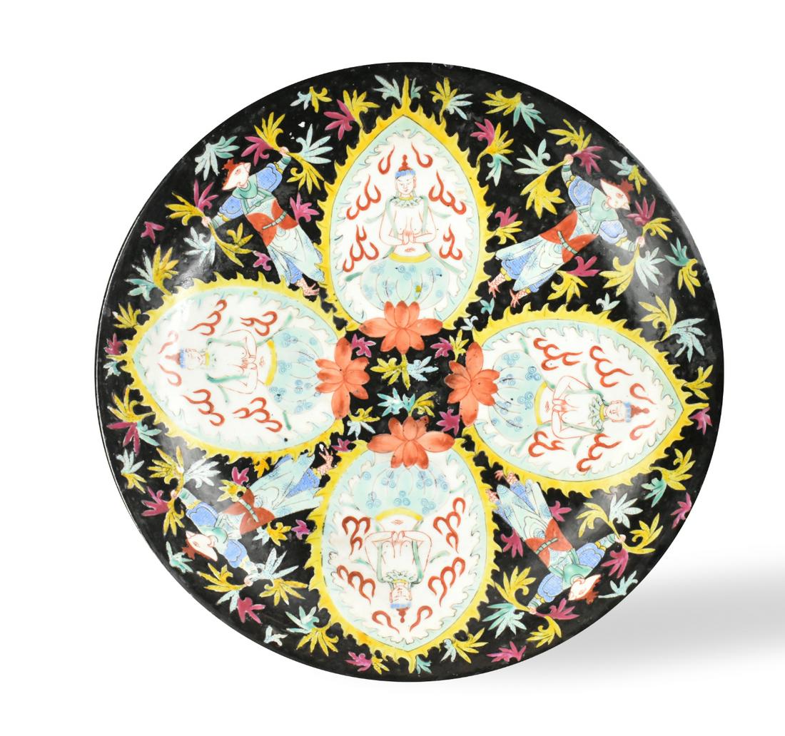 Chinese Famille Noir Charger w/ Buddha, 19th C. (1 of 6)