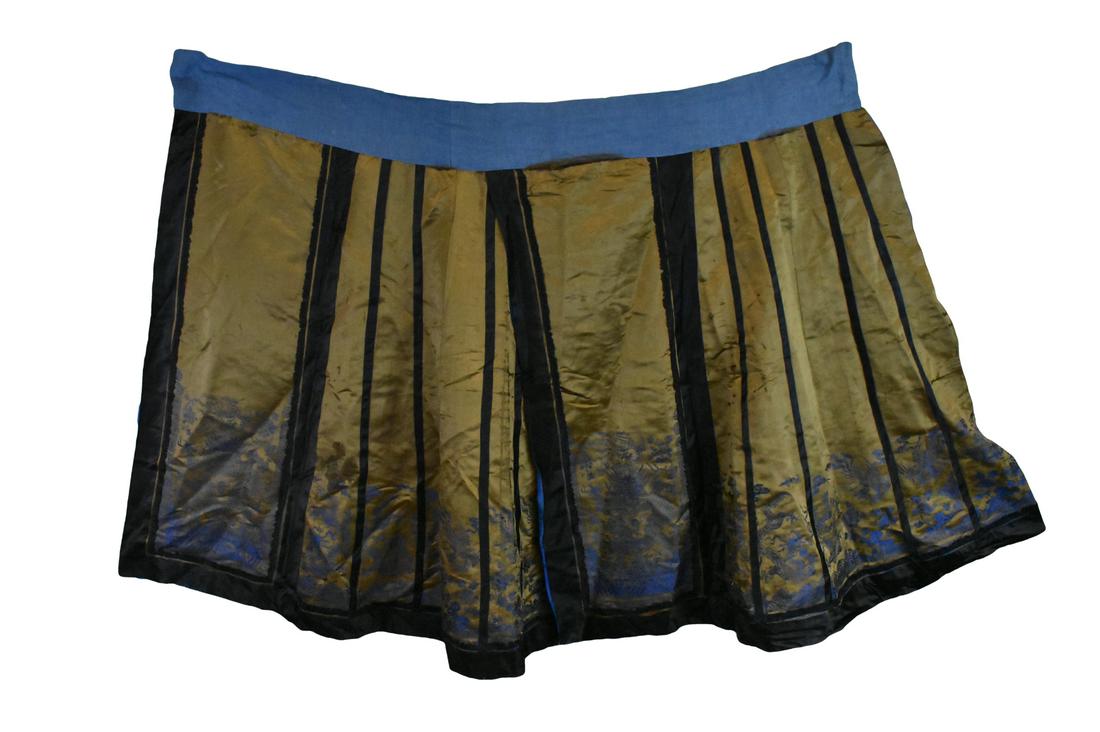 Chinese Embroidery w/ Dragon &Phoenix Skirt,Qing D: A Chinese golden embroidery dragon & phoenix skirt,Qing Dynasty, Yellow gold pleats around the skirt with blue lines of design, with a ring of embroidered dragons & phoenix above ocean wave at the bot
