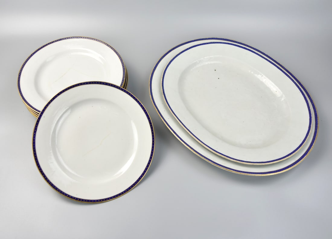 Group of 8 Export Plates & Tray, 18th C: Chinese ,18th C,a group of eight identical export plates in white and in various sizes. Surrounded with color blue and gilt rim. With gilt asterisk pattern along the rim. D: 9.7"(24.6cm) plates D: 14.