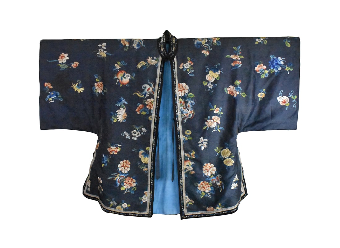 Chinese Embroidery Lady Robe, Qing Dynasty: Chinese Embroidery Lady's robe. dated from Qing Dynasty, Splendid and colorful woman's robe with very wide, dramatic sleeves, containing imagery of flowers, butterflies, and auspicious peaches. With a