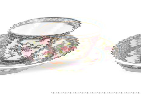 Chinese Famille Rose Cup & Saucer,Yongzheng Period: A Chinese famille rose cup and saucer, dating from the Yongzheng period. (1722-1735). egg shell thin and translucent porcelain with pink flower basket decoration on saucer encircled with geometric des