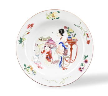 Chinese Export Famille Rose Dish w/ Figure,18th C.: Chinese ,18th C, with curved sides rising from a short straight foot to an everted rim, the interior finely painted with a lady and two boys before a table laden with auspicious objects, the rim borde