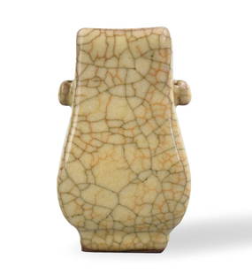 Chinese Ge Glazed Crackle Vase, Ming Dynasty: A Chinese ge crackle glazed vase. dated to Yuan-Ming Dynasty, small vase of square section, rising from a rectangular recessed base. flanked by a pair of lug handles, covered overall with a yellowish