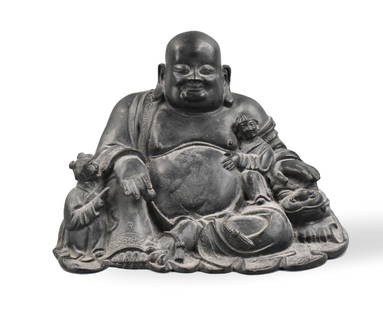 Chinese Bronze Buddha Figure,Possible Ming Dynasty: Chinese bronze seated Buddha figure, possibly of Ming dynasty (1368-1644). The wide, seated Buddha in his flowing robes open at the belly area smiles contently, as two boy figures flank him on his lef