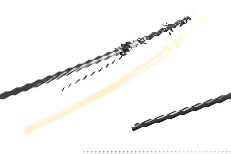 Japanese Katana Sword, Signed By Fujimistu: A Japanese Katana sword, signed by maker Fuimistu. Curved blade from a rounded metal guard and long handle. Fitted into a lacquered wooden scabbard, with a band of metal and ring for hanging Overall L
