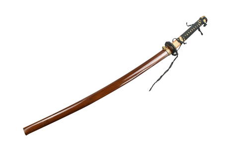 Japanese Katana Sword, Signed By Fujimistu: A Japanese Katana sword, signed by maker Fuimistu. Curved blade from a rounded metal guard and long handle. Fitted into a lacquered wooden scabbard, with a band of metal and ring for hanging Overall L