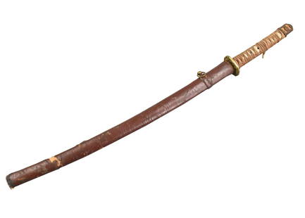 Japanese WWII Gunto Sword: Leather Wrapped: Japanese World War II officer's katana sword with: leather wrapped wooden scabbard, brass hanging point, brass pommel guard &hand guard(cherry blossom ornamented) narrow strips of rayskin over the non