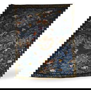 Chinese Embroidery Blue Ground Dragon Panel,Qing D: Chinese embroidery blue ground dragon panel, dating from the Qing dynasty. Beautiful panel with central medallion featuring a dragon holding a flaming pearl with four surrounding dragons, also with ba
