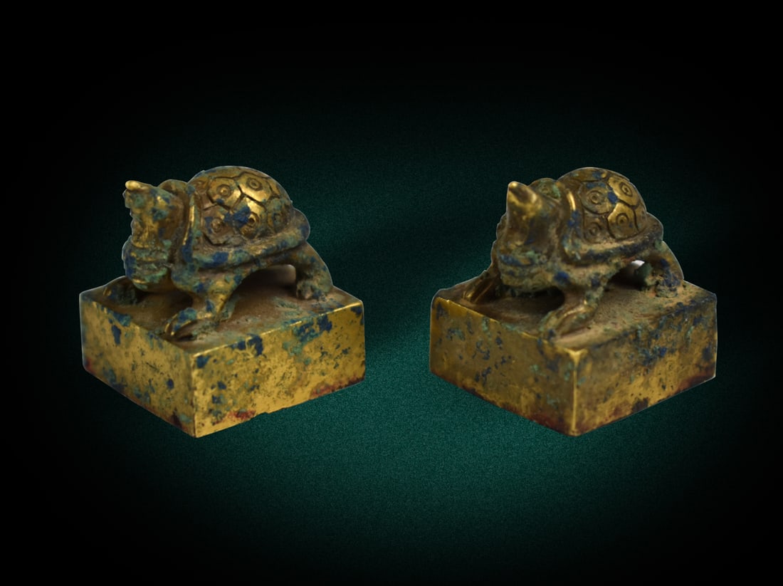 Pair Chinese Gilt Bronze Turtle Seal, Han Dynasty (1 of 6)