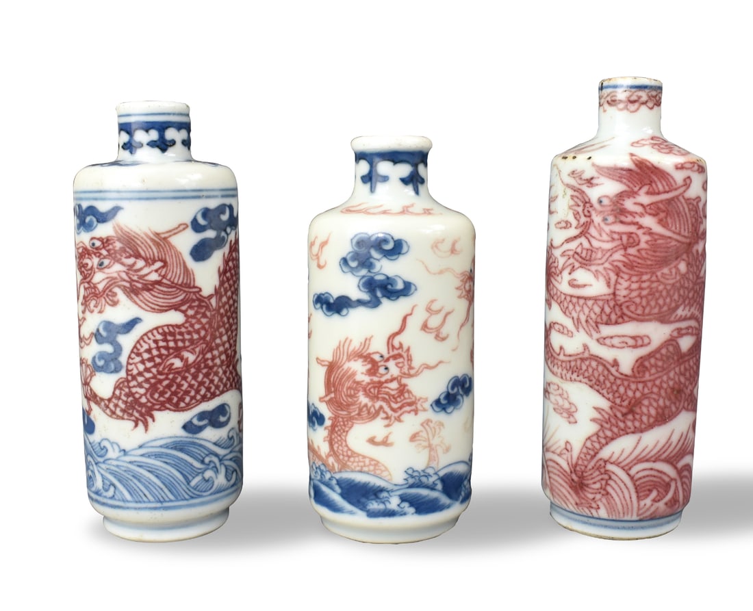 3 Blue & Copper Red Dragon Snuff Bottle,19th C. (1 of 10)