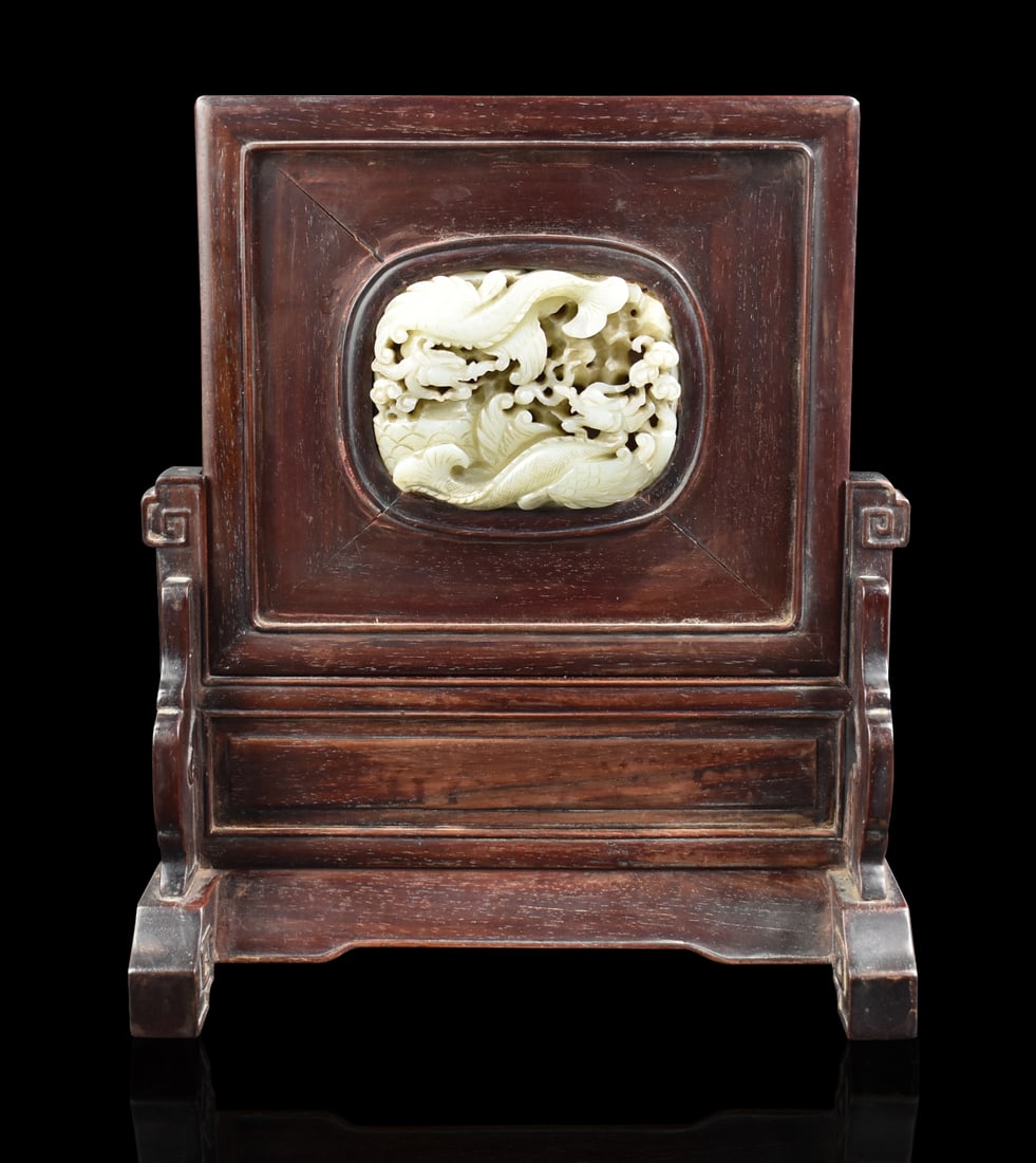 Chinese Wood Table Screen w/ Jade Dragon Carving (1 of 7)
