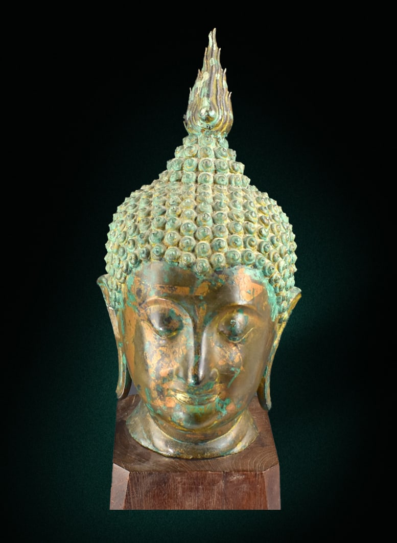 Large Thai Gilt Bronze Buddha Head on Stand,17th C (1 of 6)