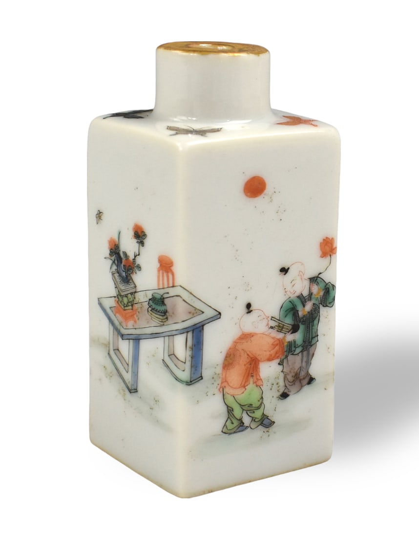 Chinese Famille Verte Square Snuff Bottle,Qing D.: A Chinese famille verte square snuff bottle. dated from Qing Dynasty, The four sides of the rectangular shaped bottle feature scene of children playing with a female figure near a table. With tiny but