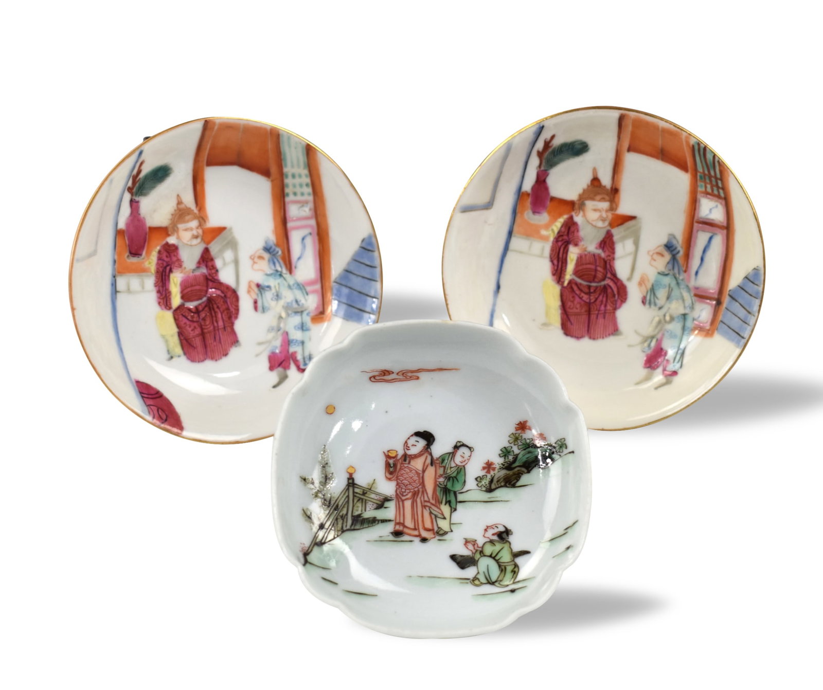 3 Chinese Famille Rose / Verte Dish, Qing Dynasty: Three Chinese famille rose / verte saucer dish, dating from the Qing Dynasty, Two saucers depict an interior scene with 2 figures in talking in the room. Each with underside of three bats and red mark