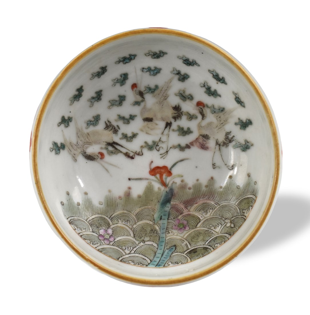 Chinese Famille Rose Washer w/ Crane, 19th C.: A Chinese famille rose washer with Crane, dating from the 19th century. A rounded washer curving inwards with three cranes flying amongst clouds above waves, with four auspicious orange bats on the ou