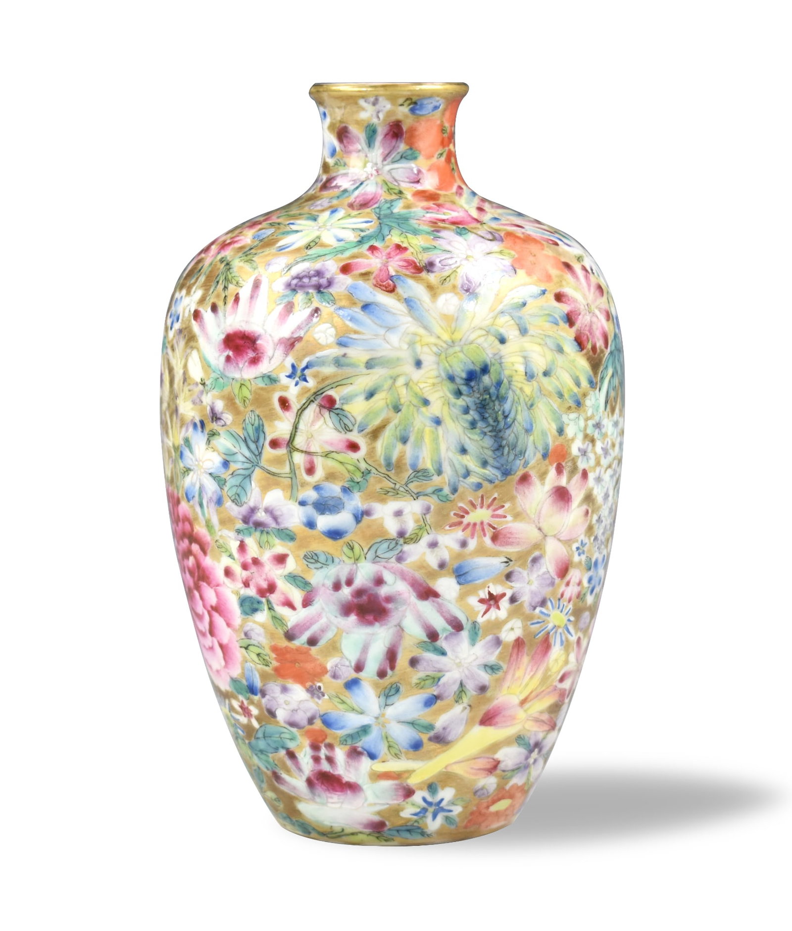 Chinese Famille Rose Milifloral Vase,ROC Period: A Chinese famille rose millefloral vase, dating from the Republic period. globular form body tapered to a short flared mouth, colorful and dense decoration of pink, white, red, yellow flowers against 