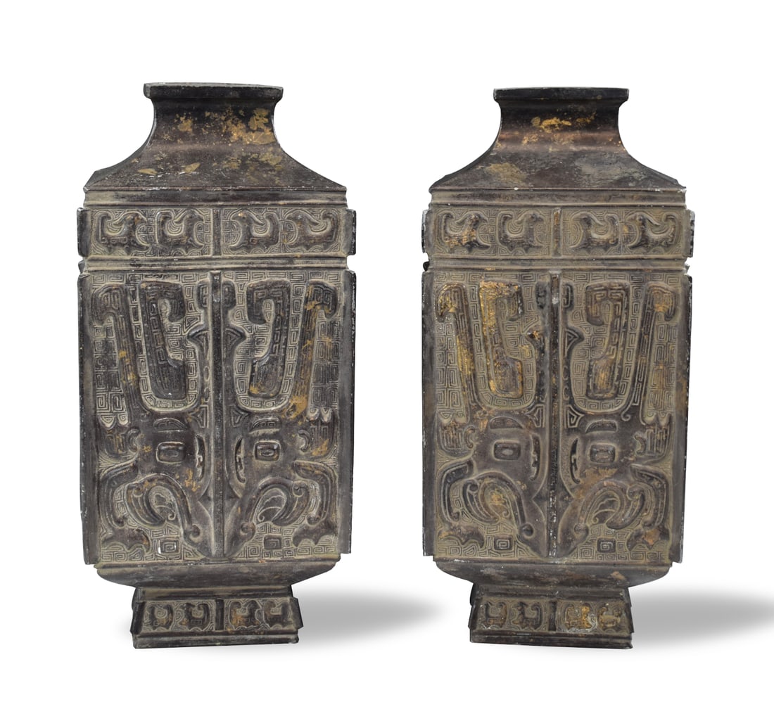 Pair Chinese Bronze Archaistic Cong Vases,19th C. (1 of 9)